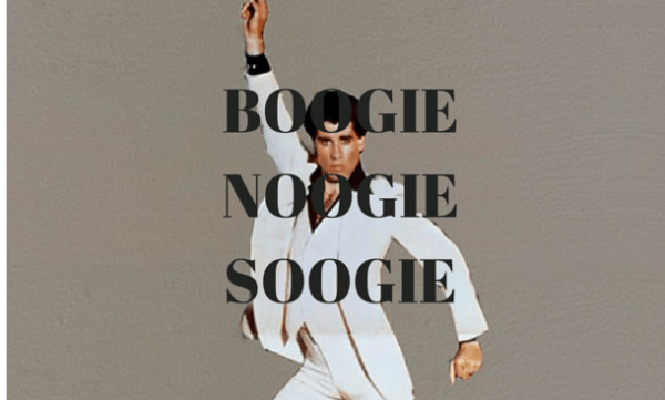 JohnTravolta dancing with text BOOGIE NOOGIE SOOGIE written over his picture