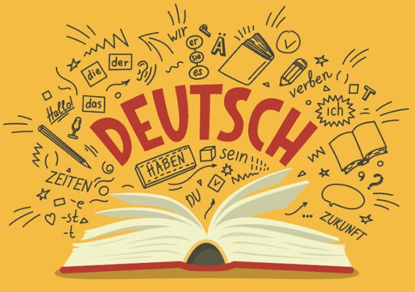 open book with DEUTSCH written above it, and black letters and symbols on a yellow background