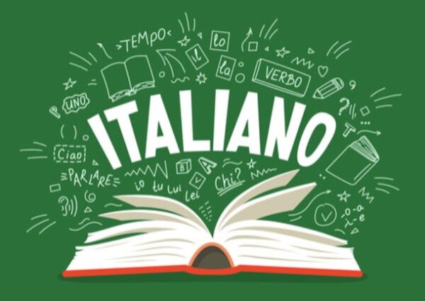 An open book with ITALIANO written on a green background with white italian text and pictures